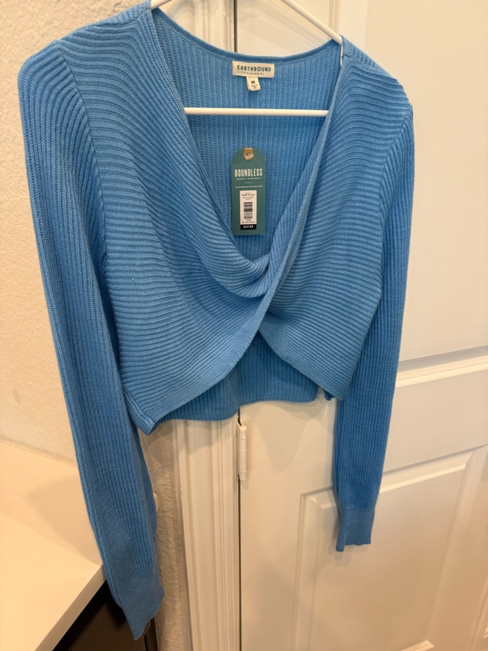 EARTHBOUND Sky Blue Ribbed V-Neck Draped Cropped Sweater